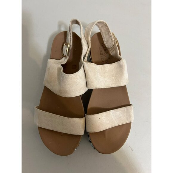 Skechers Luxe Foam Sz 8 Beige Blue Platform Espadrille Velcro Faux Buckle Entry - Picture 1 of 8